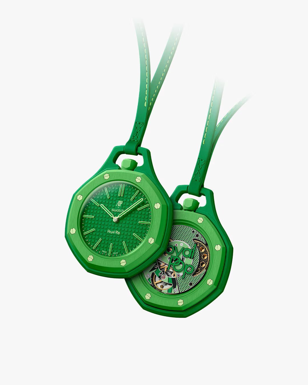 Two green luxury watches with octagonal faces and green leaf-shaped straps hanging against a light background
