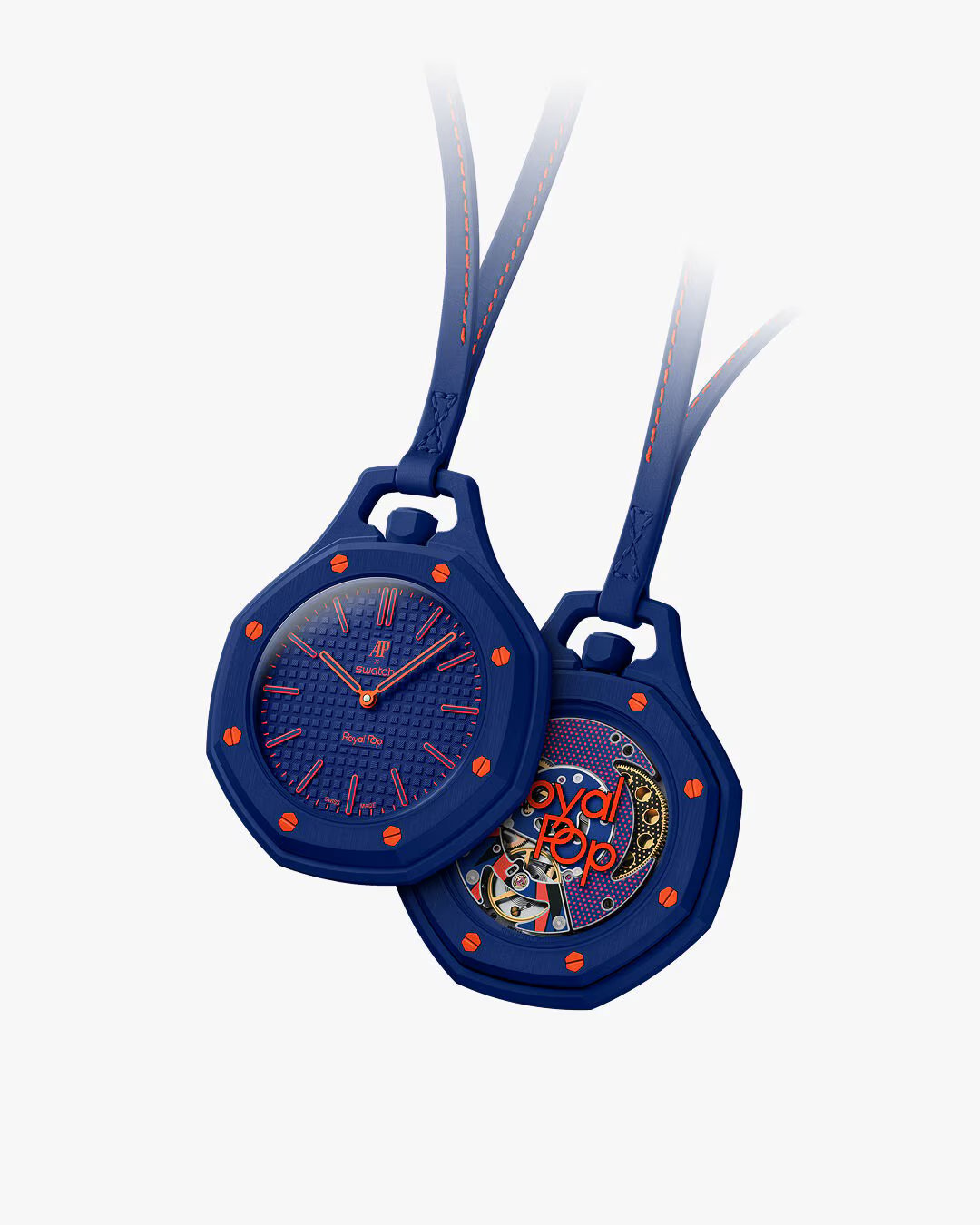 Two blue luxury watches with orange markers and dark straps, displayed against a white background showing front and back faces