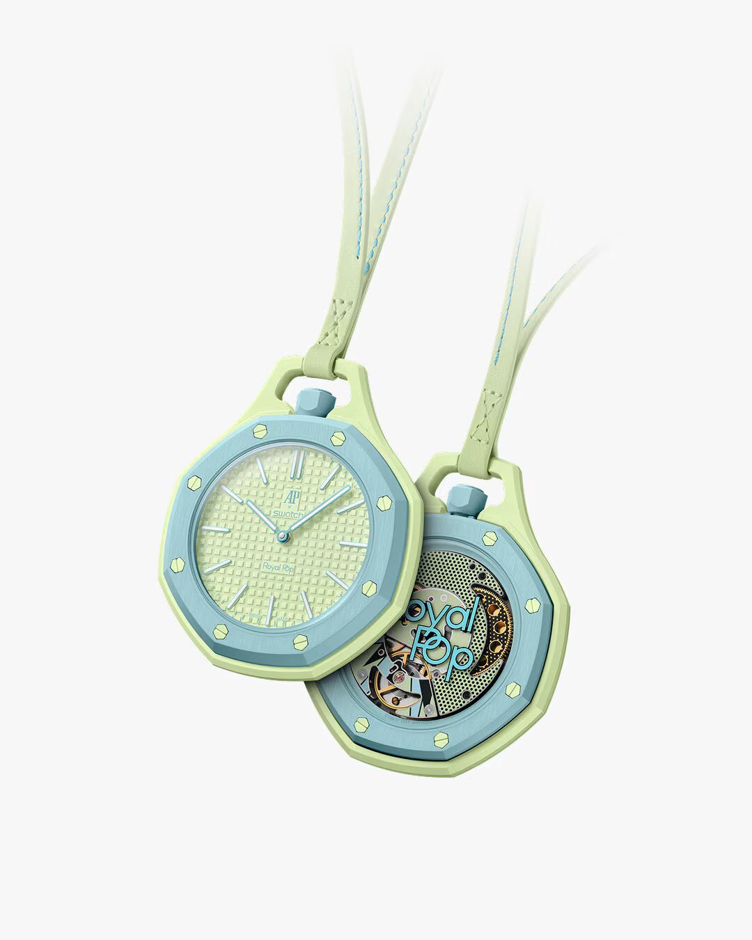 Two translucent blue and green octagonal watches with fabric straps, showing the clock face and internal mechanisms