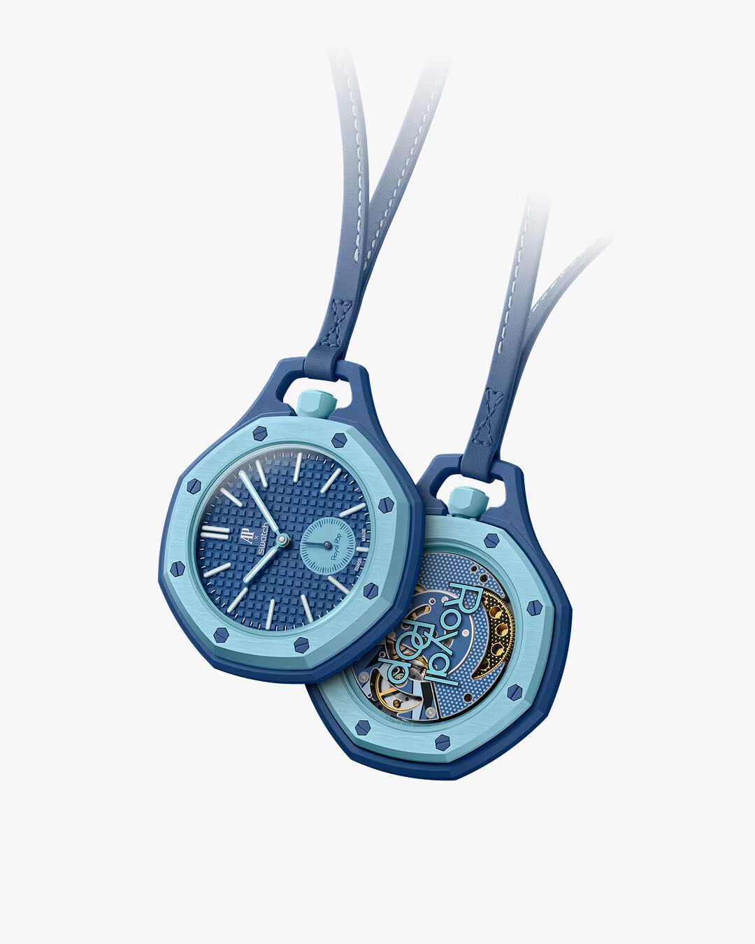 Two blue pocket watches with ribbons hanging, showing front dial and exposed gear mechanism on back view