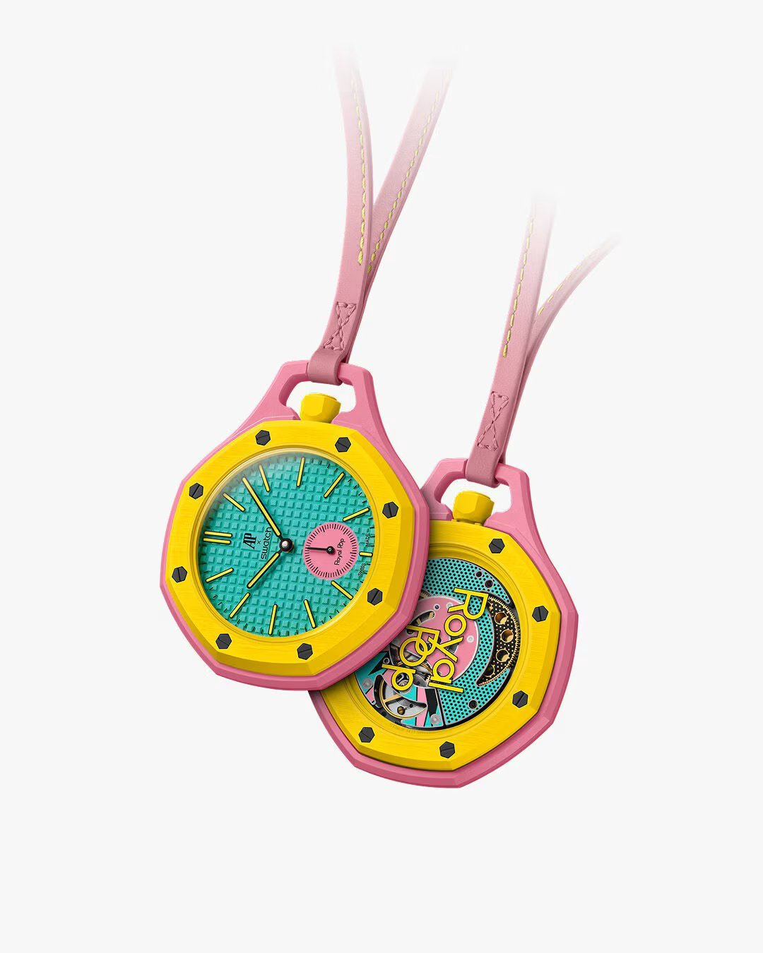 Two retro Tamagotchi virtual pet keychains with pink cases, yellow frames, and colorful digital displays, connected by pink straps