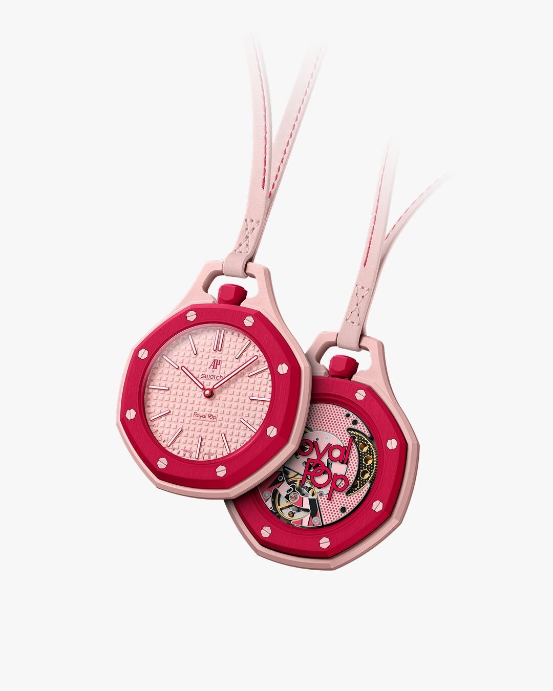 Two octagonal pink pendant watches with ribbon chains, displaying clock faces and decorative details on white background